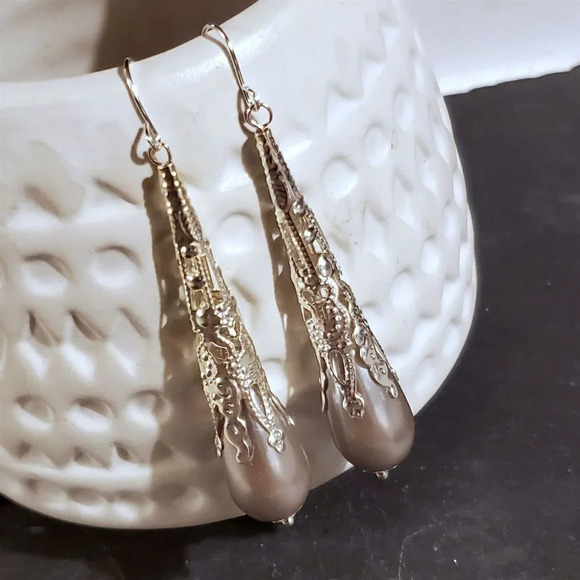 Sustainable Lacy Silver Filigree Gray Platinum Faux Pearl Long Teardrop Earrings - Picture 1 of 6